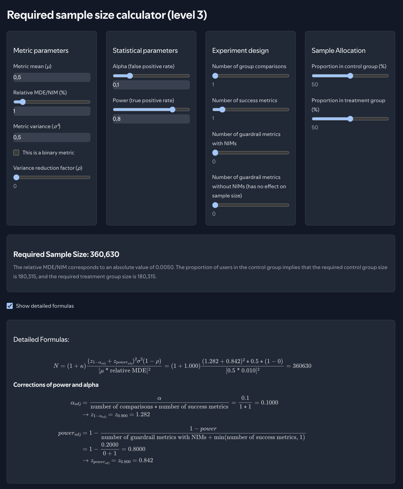 Sample size calculator (Level 3) with detailed formula breakdown